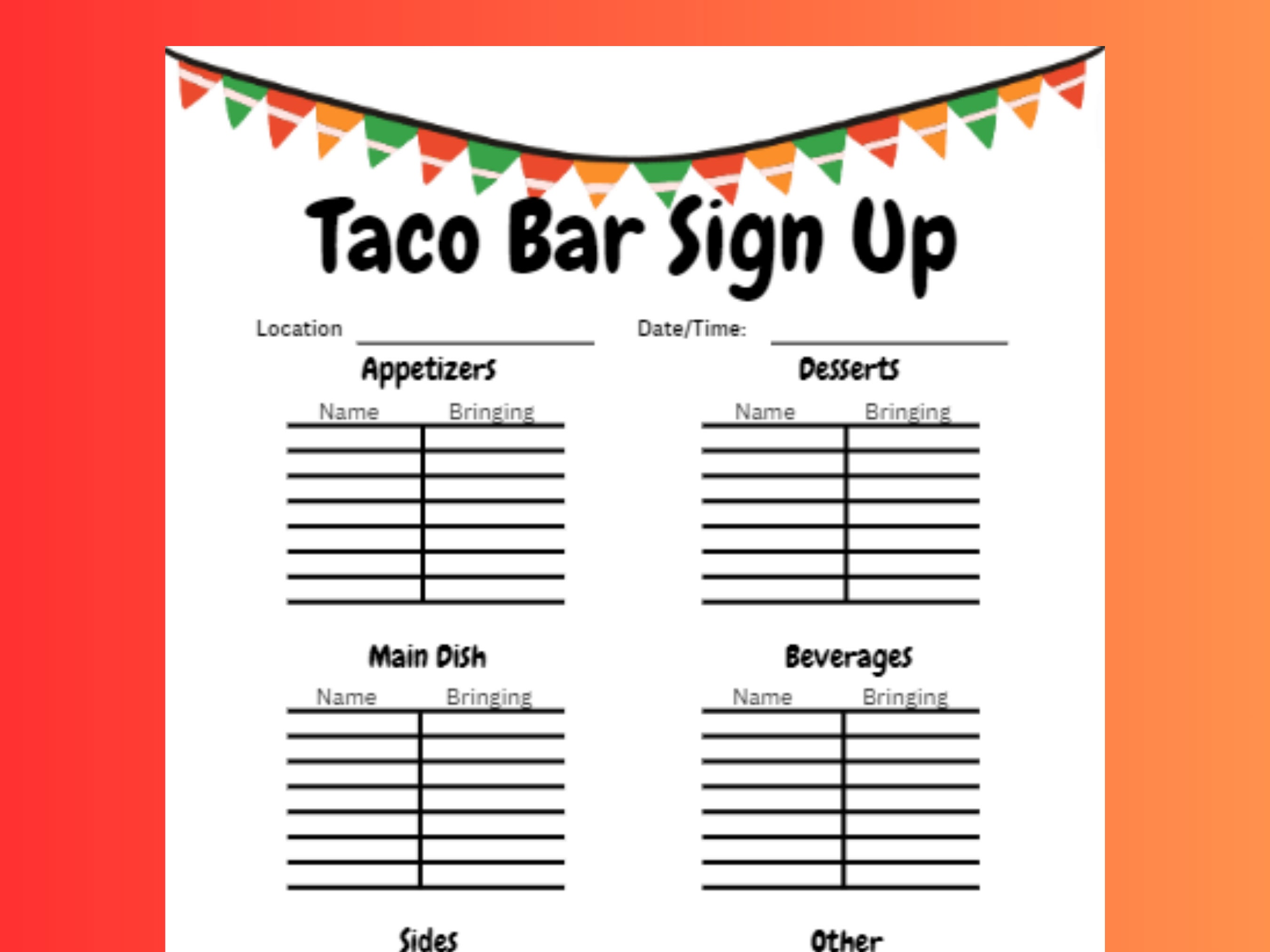 Taco Sign Up Sheet Printable Mexican Street Taco Sign Up Sheet Printable Mexican Street