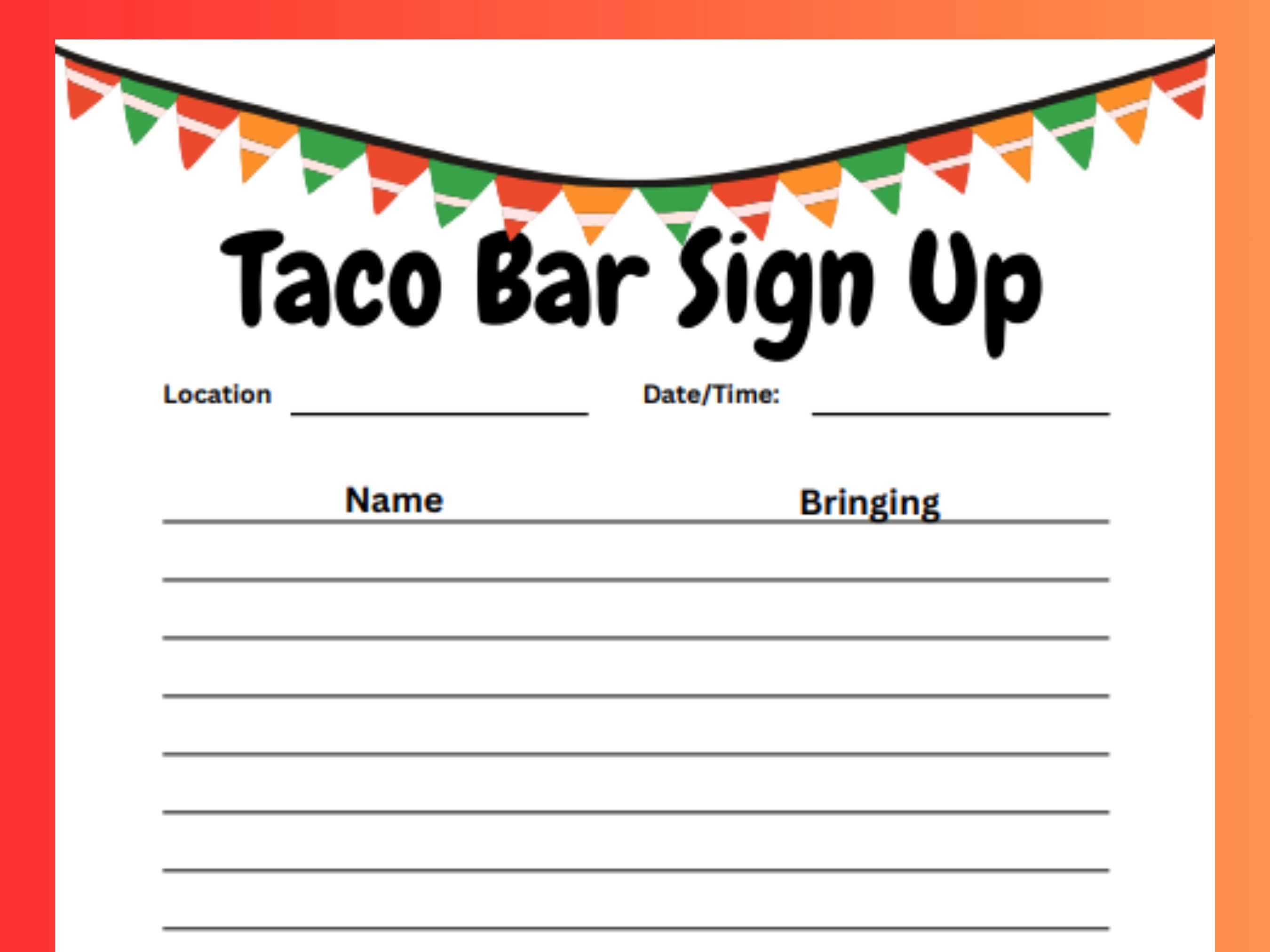 Taco Bar Sign Up, Taco Tuesday, Meal Sign up Sheet, Taco Bar Menu
