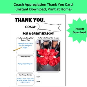Coach Thank You Card, Coach Appreciation Thank You Card, Instant PDF