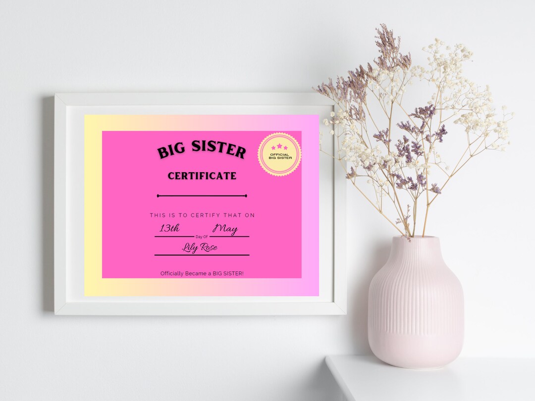 Big Sister Certificate Printable PDF Official Big Sister - Etsy