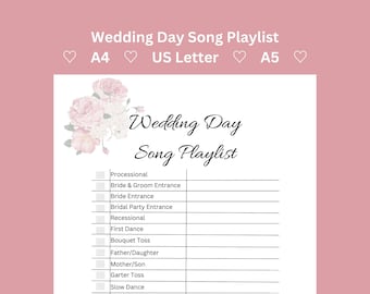 Wedding Day Song Playlist Printable | Wedding Music List | DJ Playlist | Wedding Planner List
