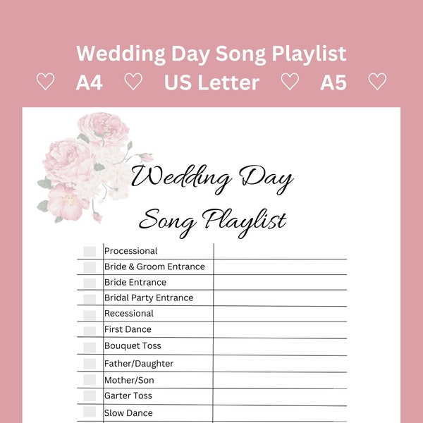 Wedding Day Song Playlist Printable | Wedding Music List | DJ Playlist | Wedding Planner List