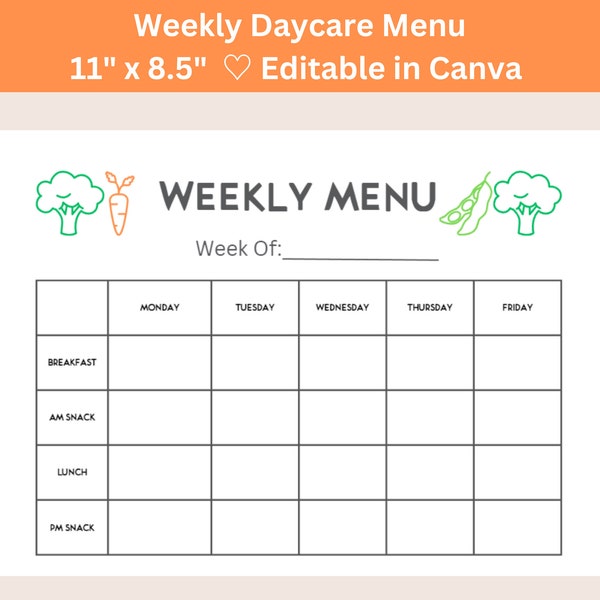 Weekly Daycare Menu Editable Template, Preschool Menu, Weekly Menu, Home School Menu, Home Daycare Meal Planner, Instant Download