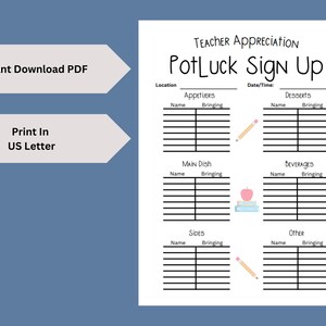 Teacher Appreciation Potluck Sign Up, Meal Sign up Sheet, Office ...