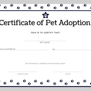 Certificate of Pet Adoption for Dog, Cat etc. Ready to Use | Printable | Instant Download |