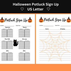 Halloween Potluck aanmelden, maaltijd aanmelden blad, Office Potluck, afdrukken vanuit huis PDF, schoolfeest, Hocus Pocus partij, kerk aanmelden