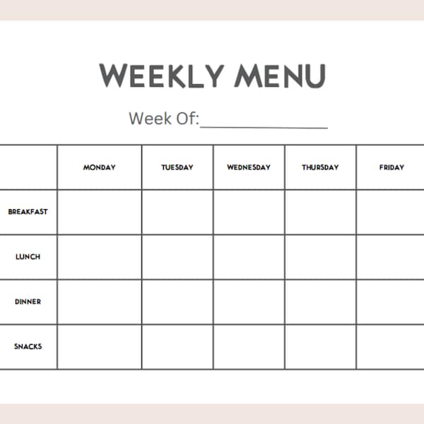 Weekly Menu PDF, Meal Planner, Simple Minimalist Menu, Instant Download