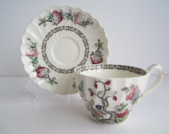 Vintage Myott Staffordshire Indian Tree Cup and Saucer, Floral Porcelain