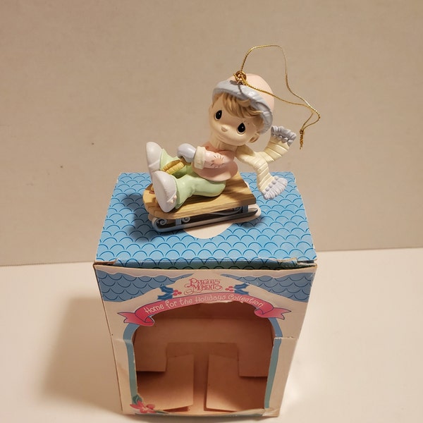 1995 Precious Moments Holiday Ornament/ Home For The Holidays Collection / Enesco / Sam Butcher / Collectible / Boy On A Sled / # 182370