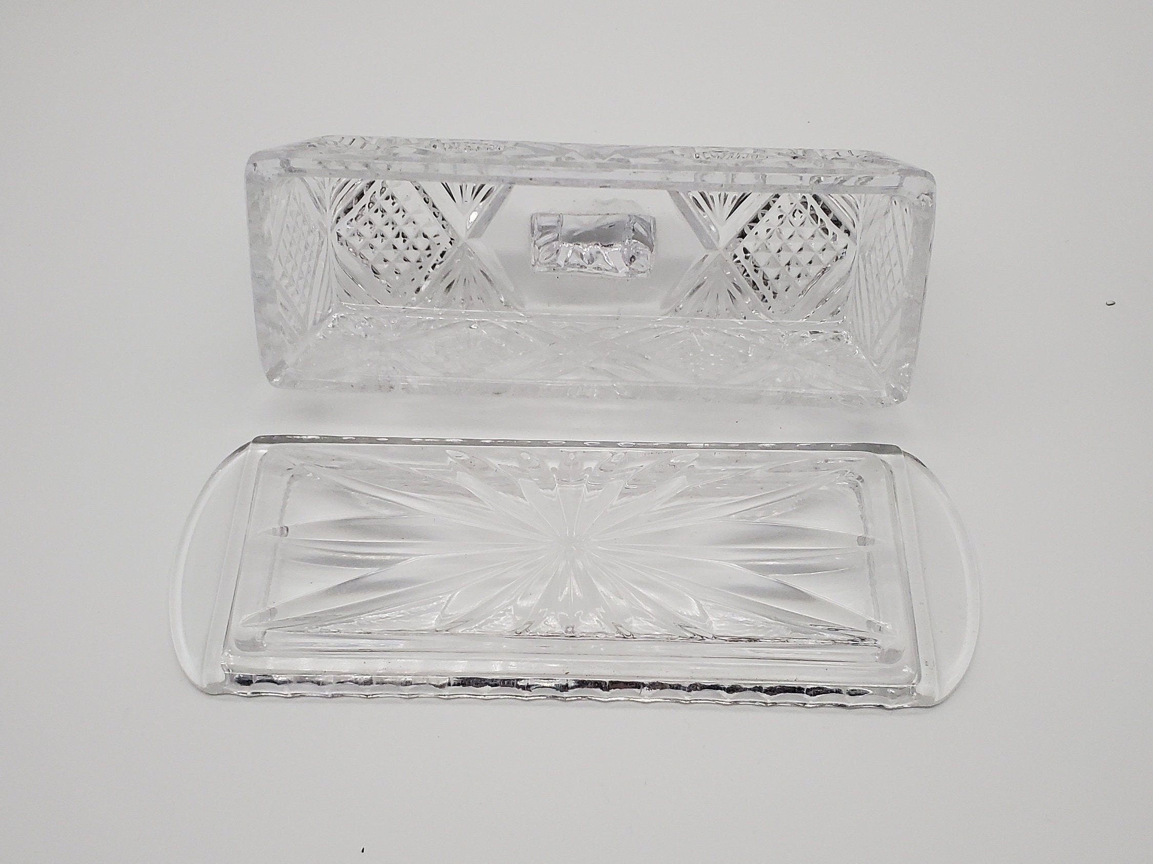Vintage Clear Cut Glass Lidded Butter Dish / Starburst Pattern