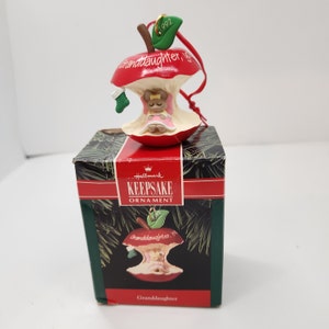 Vintage 1992Hallmark Keepsake Granddaughter Christmas Ornament / You&#39;re the Apple of my Eye/ Sleeping Mouse / Green Stocking / Collectible