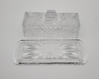 Vintage Clear Cut Glass Lidded Butter Dish / Starburst Pattern / Rectangular / Dinnerware / Tableware / Collectible / Dinning & Serving /