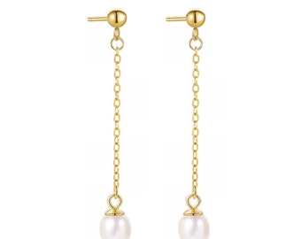 Freshwater Pearl Long Drop Earrings, Teardrop Pearl Long Earrings, Bride Pearl Earrings, Pearl Wedding Jewelry 18K Gold Plated