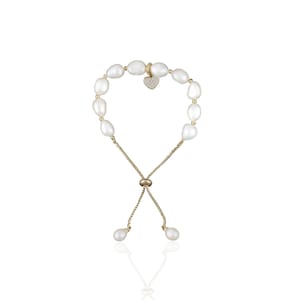 Baroque Freshwater Pearl Bracelet: Gold Adjustable Chain, Cubic Zirconia Heart