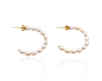 18ct Gold Plated Freshwater Pearl Hoop Earrings: AAA Grade