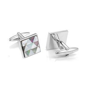 Geometric Mother of Pearl Cufflinks: Mixed Gray Iridescent Inlay