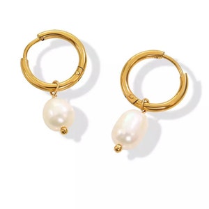 Dainty Pearl Hoop Huggie Earrings: 18K Gold, Freshwater Pearl Drop