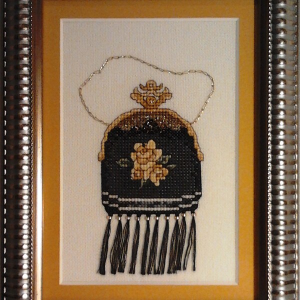 Black Vintage Purse - Decorative NeedleArt Counted Cross Stitch & beads Embroidery Vintage Purse glam style with rich in ornament handmade