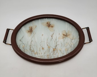 Antique Victorian Pressed Flowers & Butterflies Oval Wood Serving Tray With Glass Cover