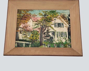 サイン入りヴィンテージ厚塗り風景画（板絵、木製フレーム付き）