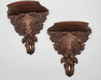 Antique Black Forest Wood Carved Thistle Wall Sconce Shelves Set Of 2