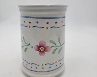 Soporte para utensilios de cerámica pintado a mano con diseño floral.