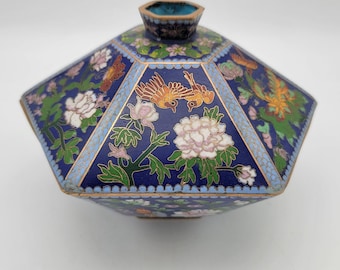 Antique Chinese Cloisonné Hexagonal Shaped Lidded Bowl