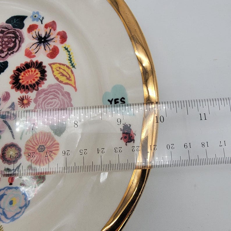 Puede incluir: Un plato de cer&aacute;mica blanco con borde dorado, decorado con coloridos estampados florales. El plato tiene un dise&ntilde;o en forma de coraz&oacute;n con la palabra "YES" y una mariquita. Una regla muestra un di&aacute;metro de aproximadamente 25 cm.