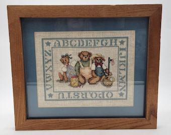 Vintage 1993 Cross-Stitch Alphabet Sampler Bears Signed