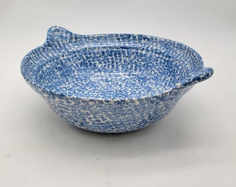 Bol de gres vintage azul y blanco moteado con asas