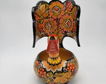Vintage Khokhloma Folk Art Grouse Bowl Lacquerware W/ Floral Motif