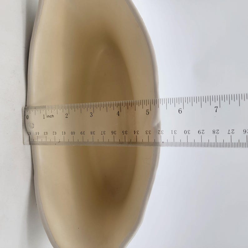 Puede incluir: Un objeto beige y curvado con una regla colocada encima. La regla muestra medidas en cent&iacute;metros, con el objeto midiendo aproximadamente 12,7 cm de largo. El objeto tiene una superficie lisa y brillante.
