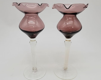 ヴィンテージ アメジスト＆クリアガラス キャンドルホルダー 2個セット