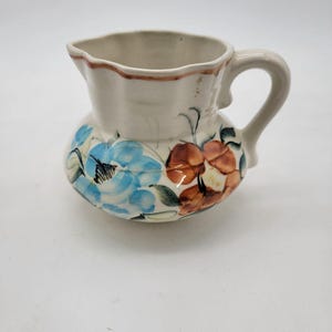 Vintage Hand-Painted Art Pottery Floral Pitcher With Handle