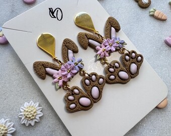 Floral Bunny Dangles | Easter Gift | Spring Earrings | Hypoallergenic | Handcrafted Polymer Clay