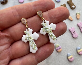Leafy Cross Dangles | Easter Gift | Spring Earrings | Hypoallergenic | Handcrafted Polymer Clay