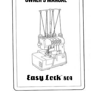 May include: Black and white line drawing of a Simplicity Easy Lock 804 sewing machine. The machine has a stand with four spools of thread hanging from it. The machine has a foot pedal and a needle.