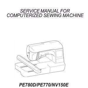 Könnte beinhalten: Servicehandbuch für eine computergestützte Nähmaschine, mit einer Strichzeichnung der Maschine. Das Brother-Logo befindet sich oben, darunter Modellnummern und Daten. Die Maschine hat eine flache Basis und einen gebogenen Arm.