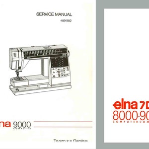 May include: A black and white line drawing of a sewing machine with a digital display and a variety of buttons. The image is from a service manual for the Elna 9000 computer sewing machine. The text "SERVICE MANUAL" and "4800 882" are visible at the top of the image.