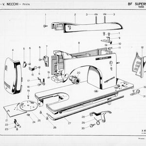 May include: A detailed exploded view diagram of a vintage Necchi Supernova sewing machine. The diagram shows the individual parts of the machine, numbered for easy identification. The machine is white with black accents and features the text "Necchi" and "Supernova".