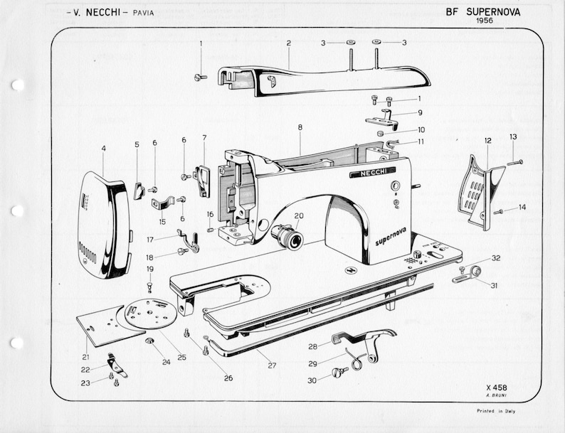 May include: A detailed exploded view diagram of a vintage Necchi Supernova sewing machine. The diagram shows the individual parts of the machine, numbered for easy identification. The machine is white with black accents and features the text "Necchi" and "Supernova".