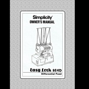 Puede incluir: Dibujo en blanco y negro de una máquina de coser Simplicity Easy Lock 804D con alimentación diferencial. La máquina tiene cuatro carretes de hilo y una aguja.