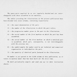May include: A black and white document with text explaining how spare parts are organized and numbered. The text describes the seven columns of a table that lists spare parts for machines. The text mentions that the fifth column is not yet filled in because it refers to a machine model that has been built for the first time.