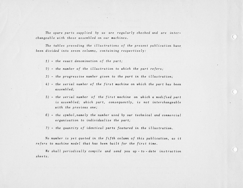 May include: A black and white document with text explaining how spare parts are organized and numbered. The text describes the seven columns of a table that lists spare parts for machines. The text mentions that the fifth column is not yet filled in because it refers to a machine model that has been built for the first time.