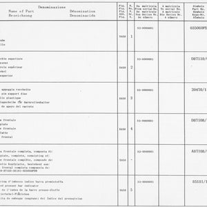 May include: A black and white image of a parts list for a sewing machine. The list includes the part name, part number, and quantity. The part names are in English, Italian, French, and German.
