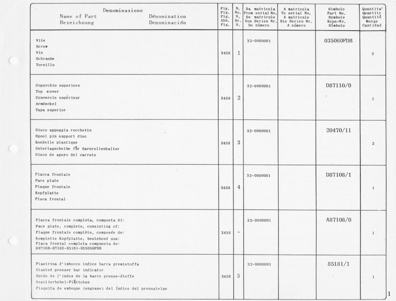 May include: A black and white image of a parts list for a sewing machine. The list includes the part name, part number, and quantity. The part names are in English, Italian, French, and German.