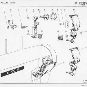 May include: A black and white exploded diagram of a sewing machine part, labeled with numbers and the text "BF SUPERNOVA 1956".