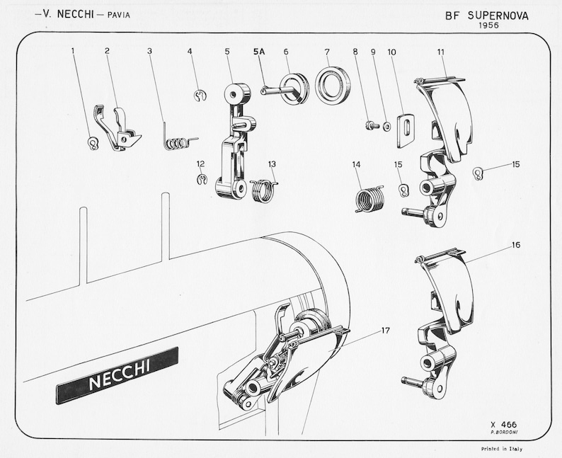 May include: A black and white exploded diagram of a sewing machine part, labeled with numbers and the text "BF SUPERNOVA 1956".