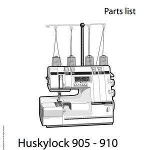 May include: A black and white illustration of a Husqvarna Viking Huskylock 905-910 sewing machine with four spools of thread. The machine has a digital display and a variety of buttons and knobs. The text "Huskylock 905 - 910" is printed below the machine.