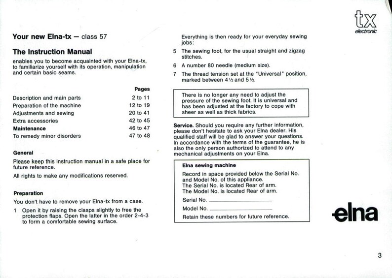 Instruction / Operating Manual for Vintage Elna TX Electronic Etsy